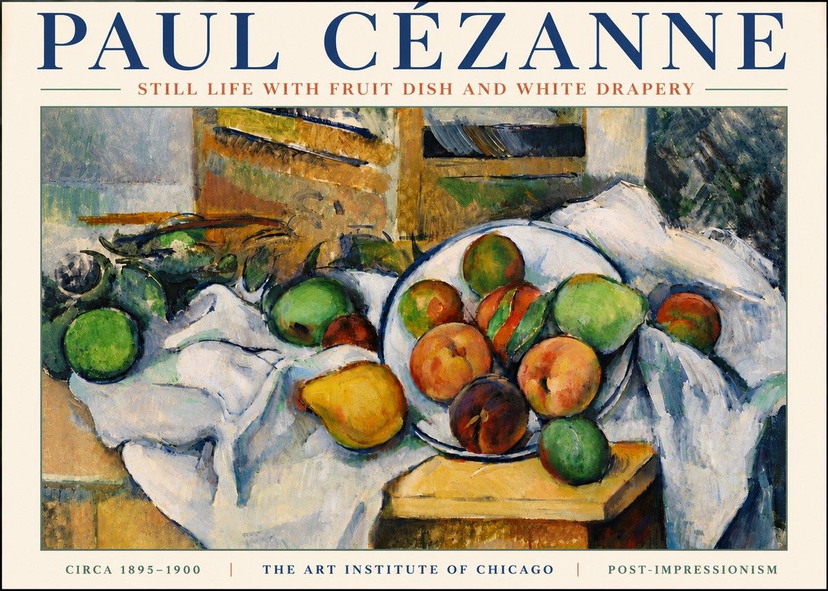 Paul Cézanne Still Life with Fruit Dish and White Drapery No6 - Affiche