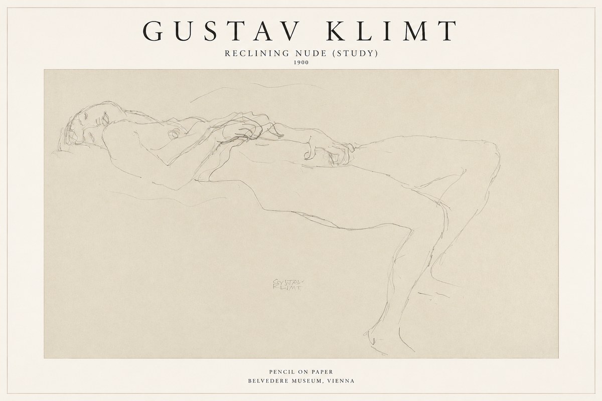 Klimt Reclining Nude (Study) No1 - Affiche