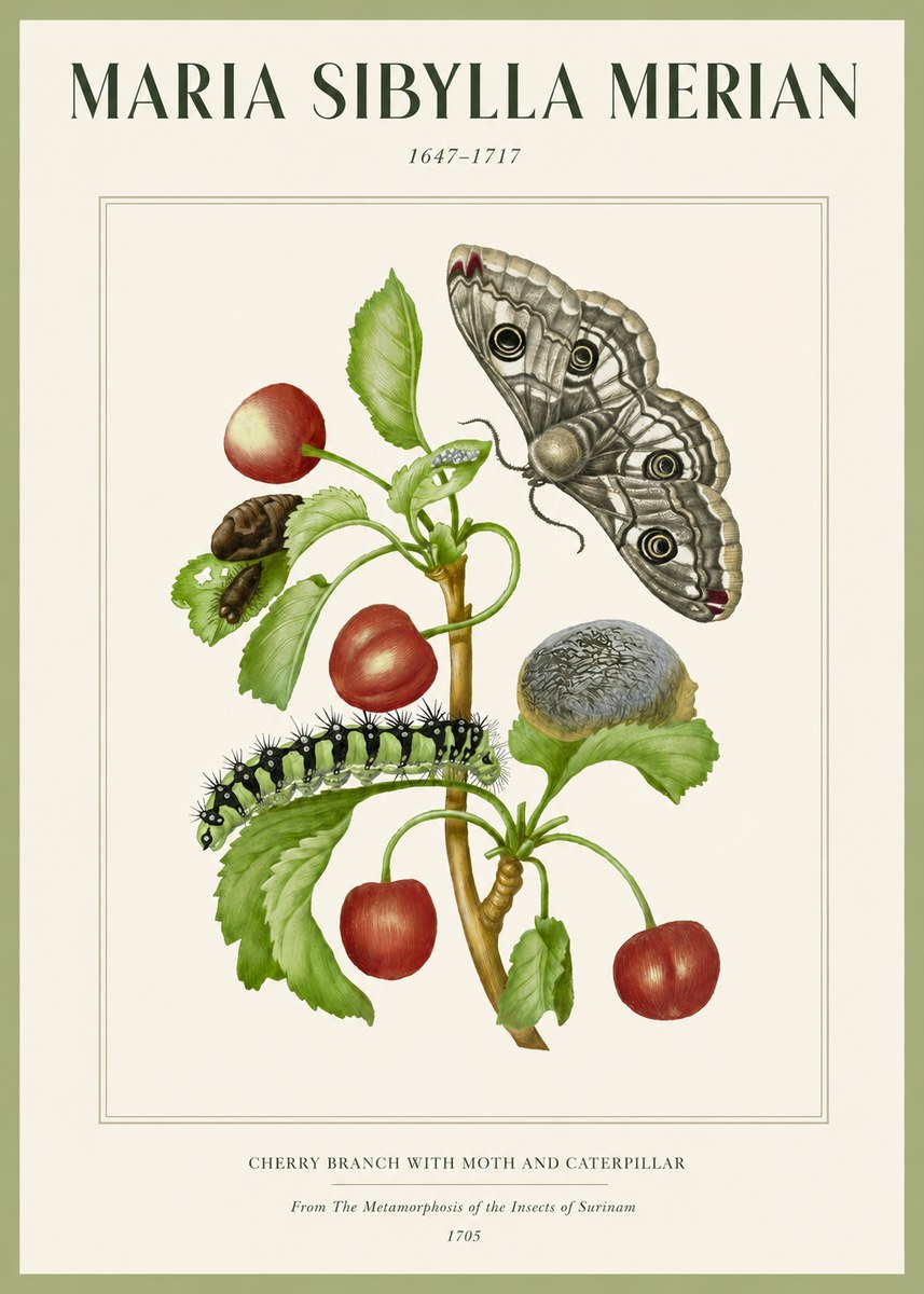 Maria Sibylla Merian Cherry Branch with Moth and Caterpillar No2 - Affiche
