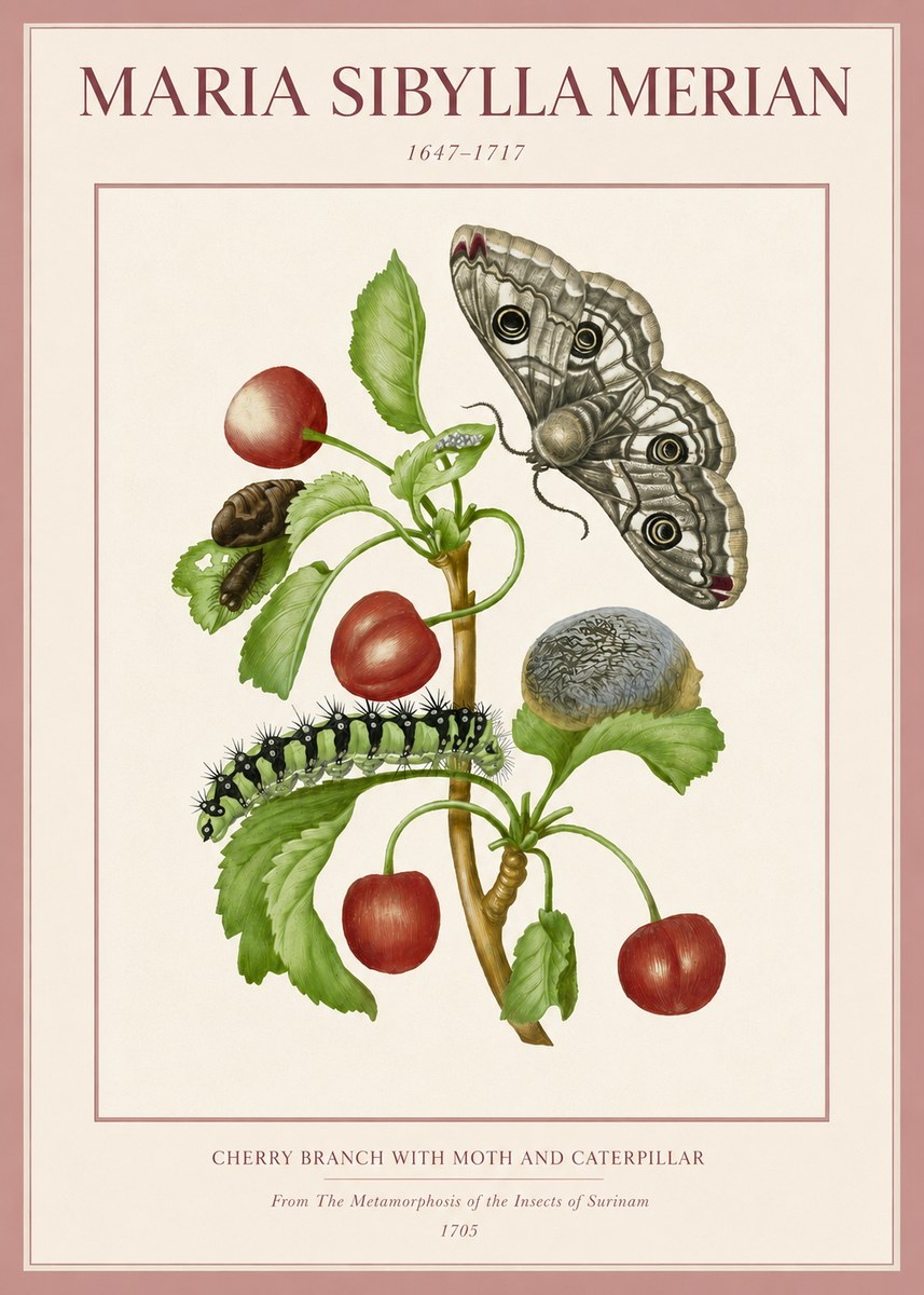 Maria Sibylla Merian Cherry Branch with Moth and Caterpillar No3 - Affiche
