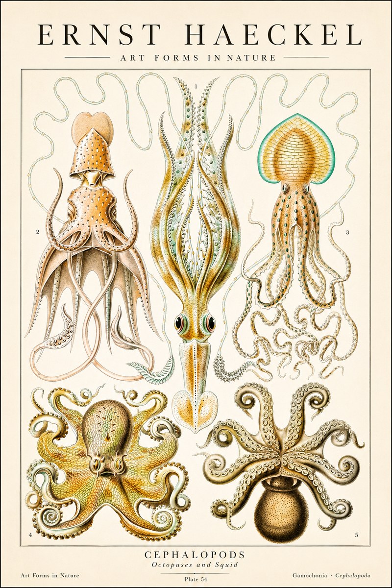 Ernst Haeckel Cephalopods Octopuses and Squid No1 - Affiche