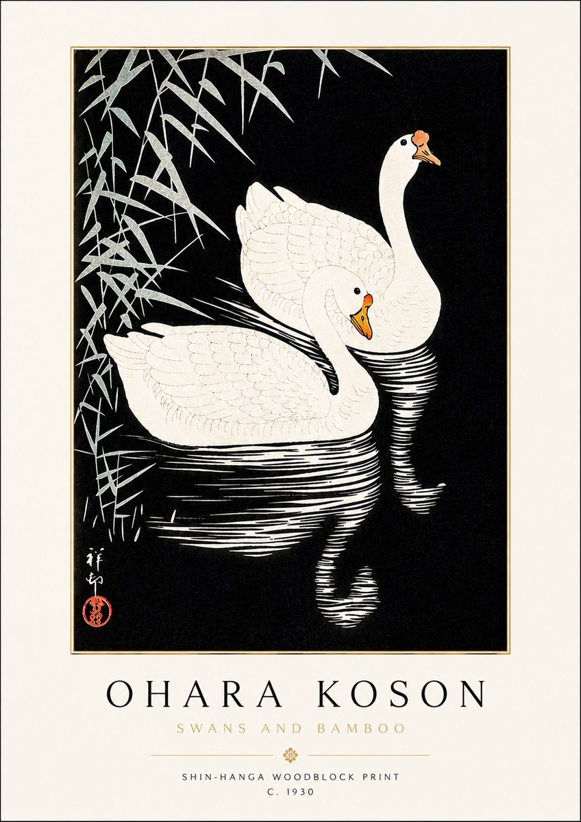 Ohara Koson Swans and Bamboo No3 - Affiche