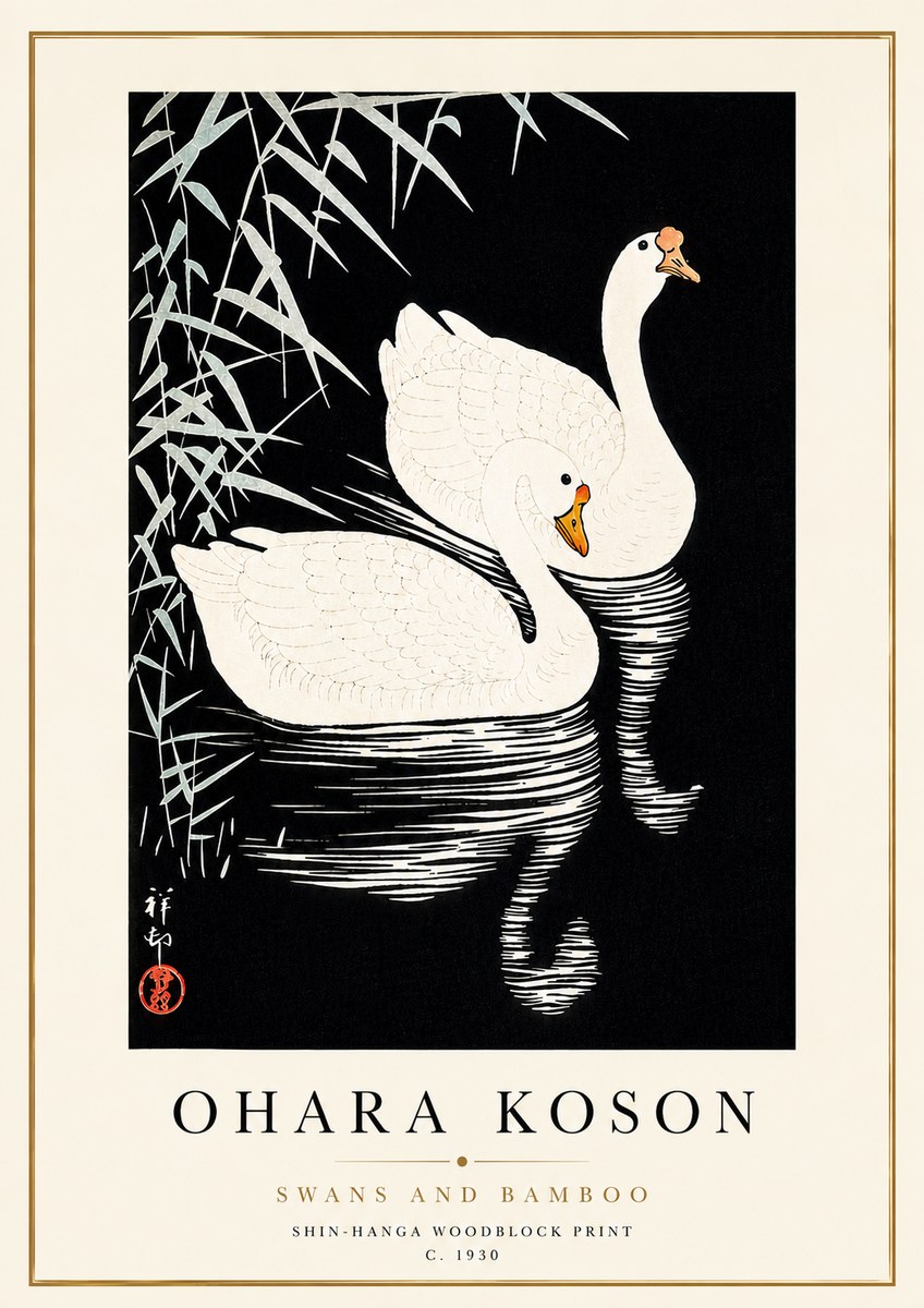 Ohara Koson Swans and Bamboo No5 - Affiche
