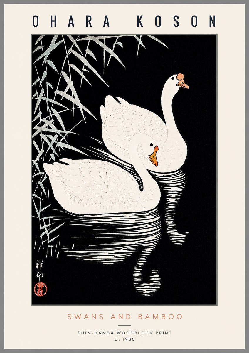 Ohara Koson Swans and Bamboo No6 - Affiche