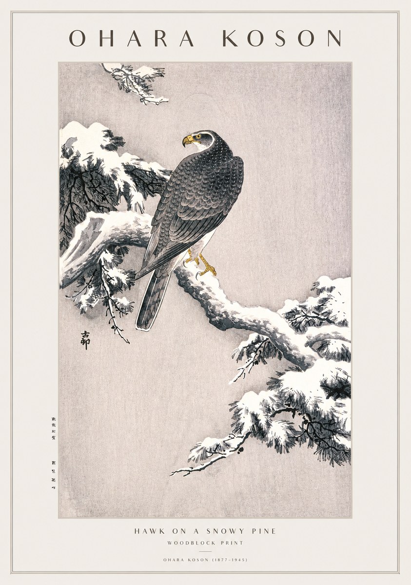 Ohara Koson Hawk on a Snowy Pine No1 - Affiche