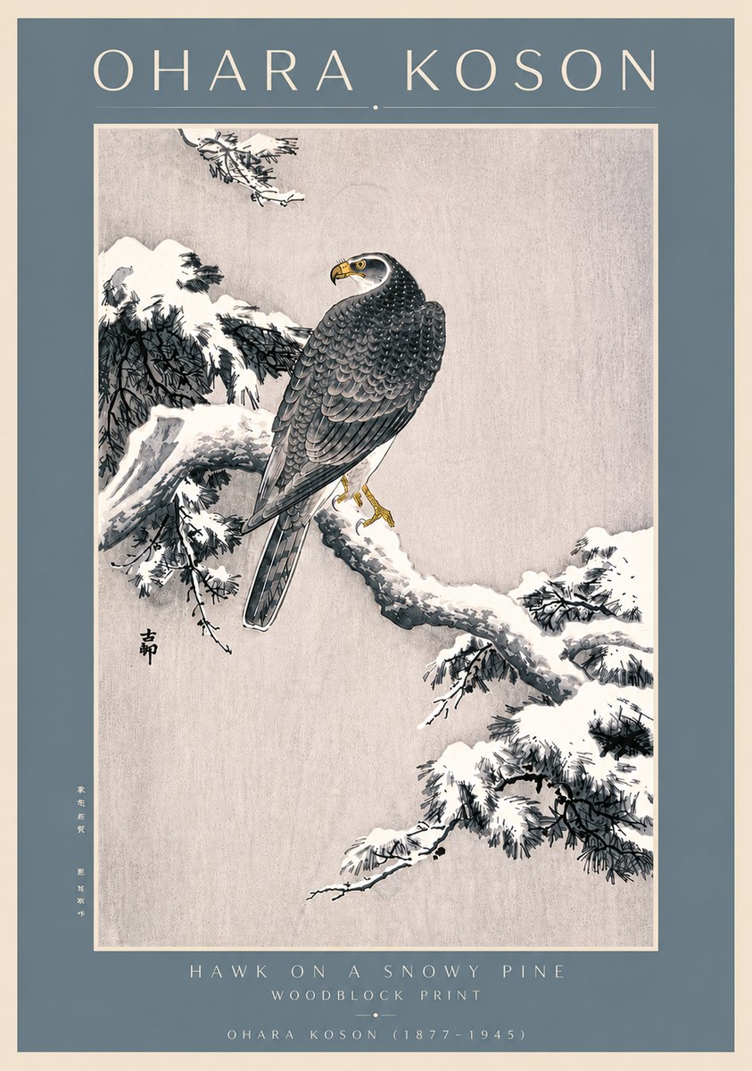Ohara Koson Hawk on a Snowy Pine No4 - Affiche