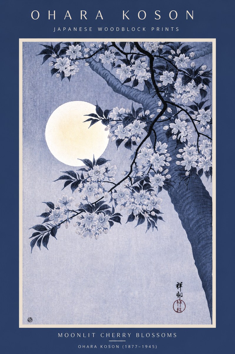 Ohara Koson Moonlit Cherry Blossoms No2 - Affiche