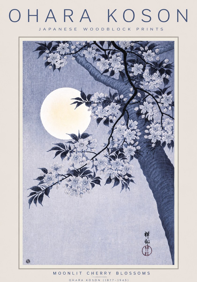 Ohara Koson Moonlit Cherry Blossoms No3 - Affiche