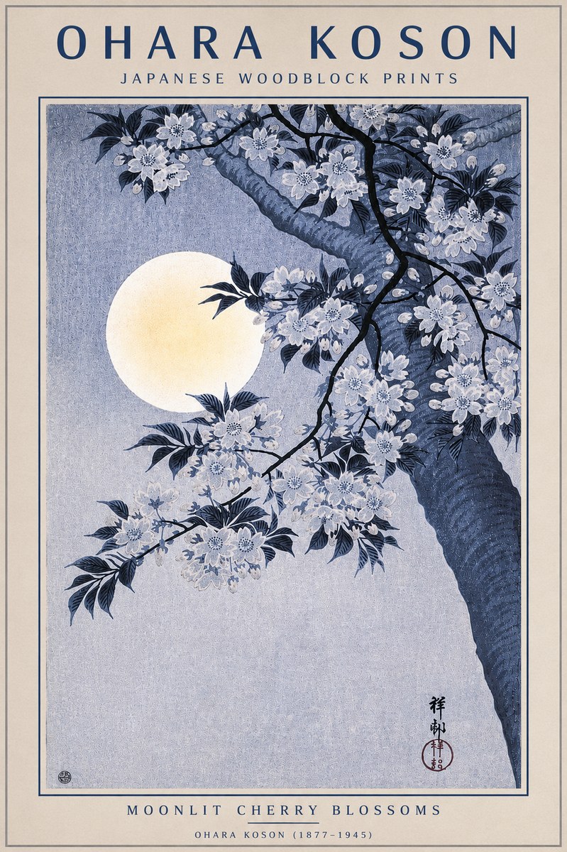 Ohara Koson Moonlit Cherry Blossoms No4 - Affiche