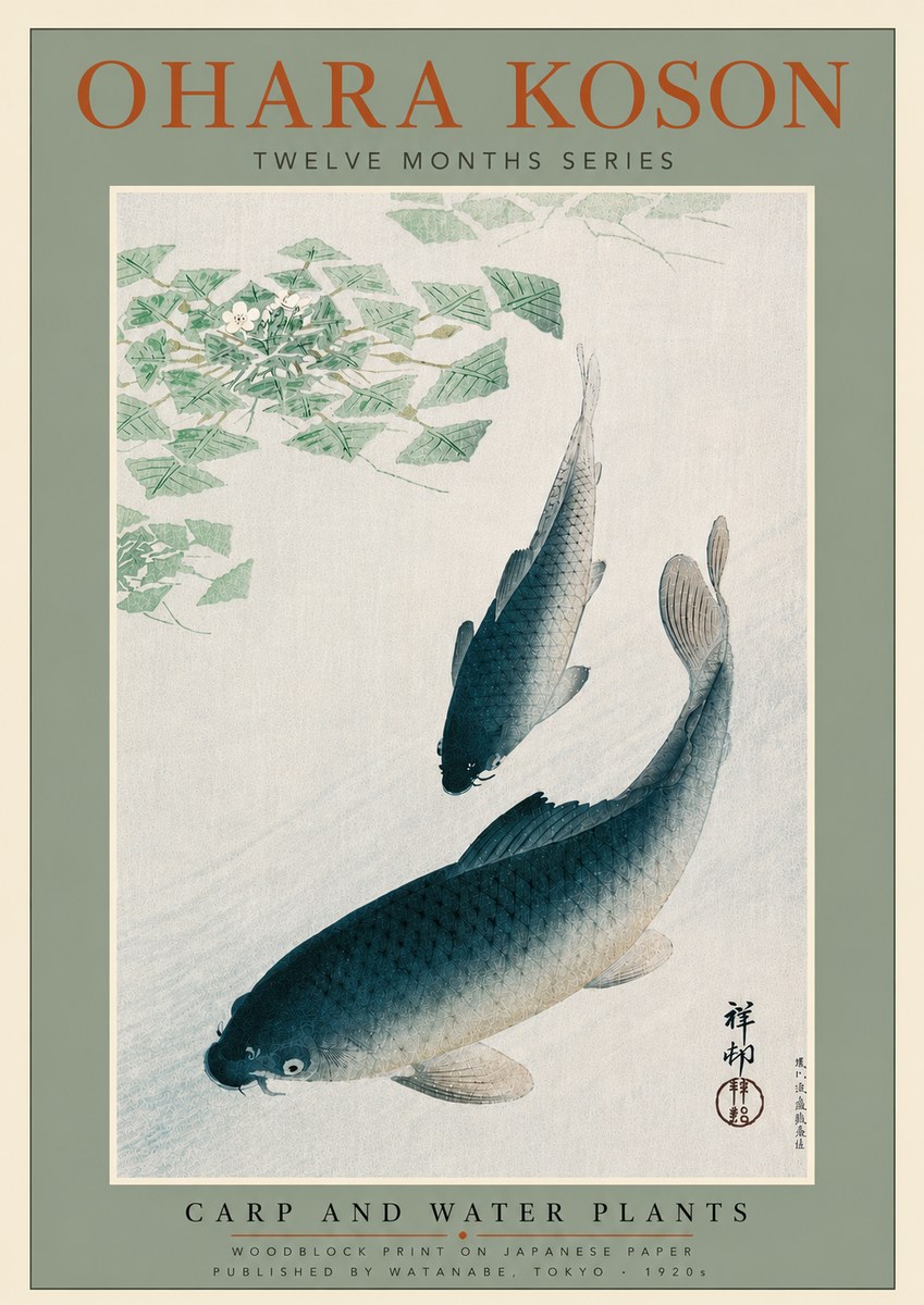 Ohara Koson Carp and Water Plants No5 - Affiche
