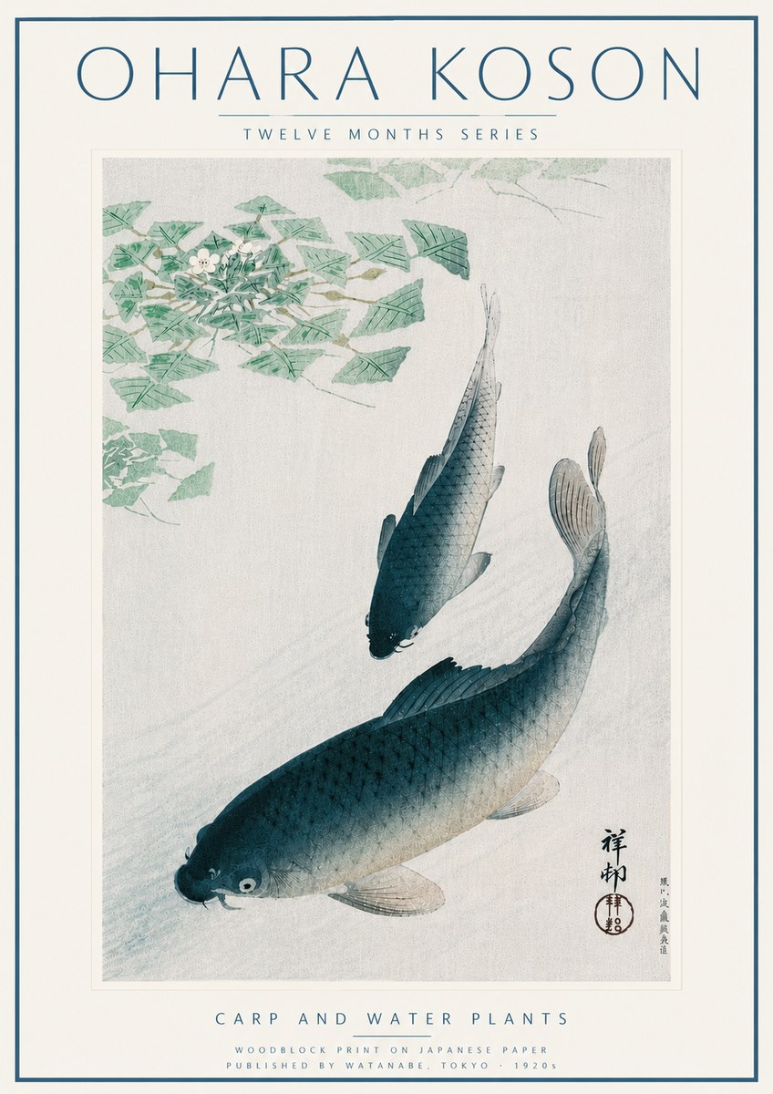 Ohara Koson Carp and Water Plants No6 - Affiche