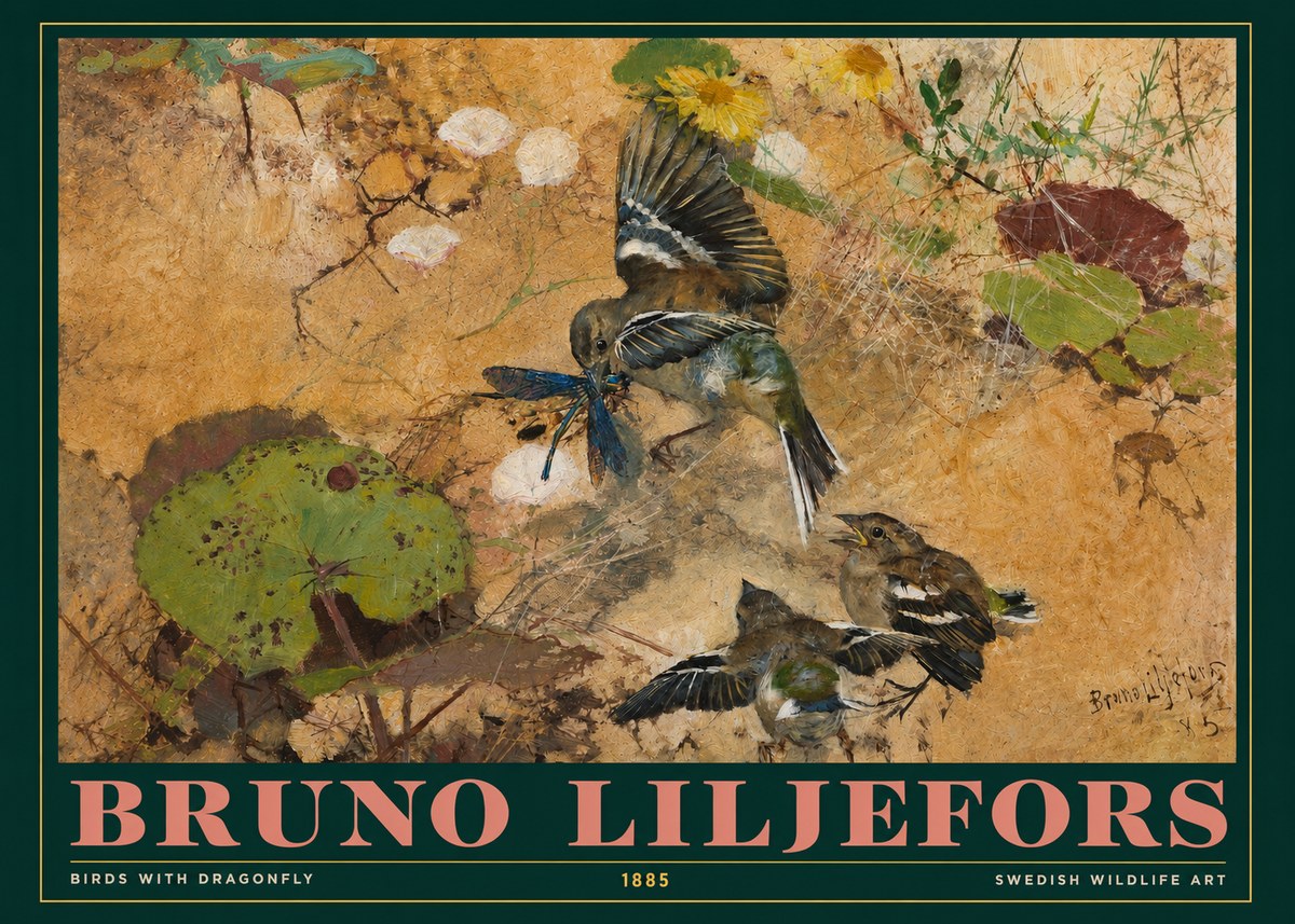 Bruno Liljefors Birds with Dragonfly No3 - Affiche
