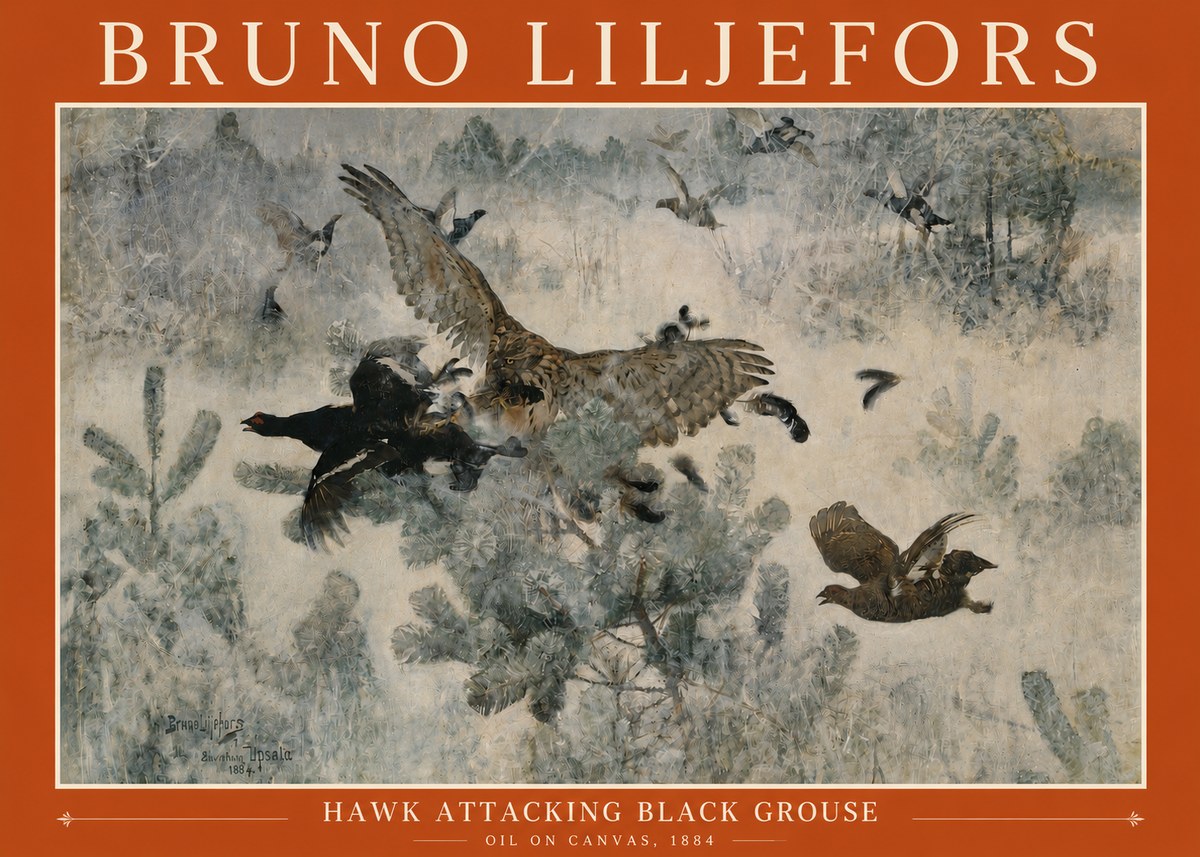 Bruno Liljefors Hawk Attacking Black Grouse No3 - Affiche