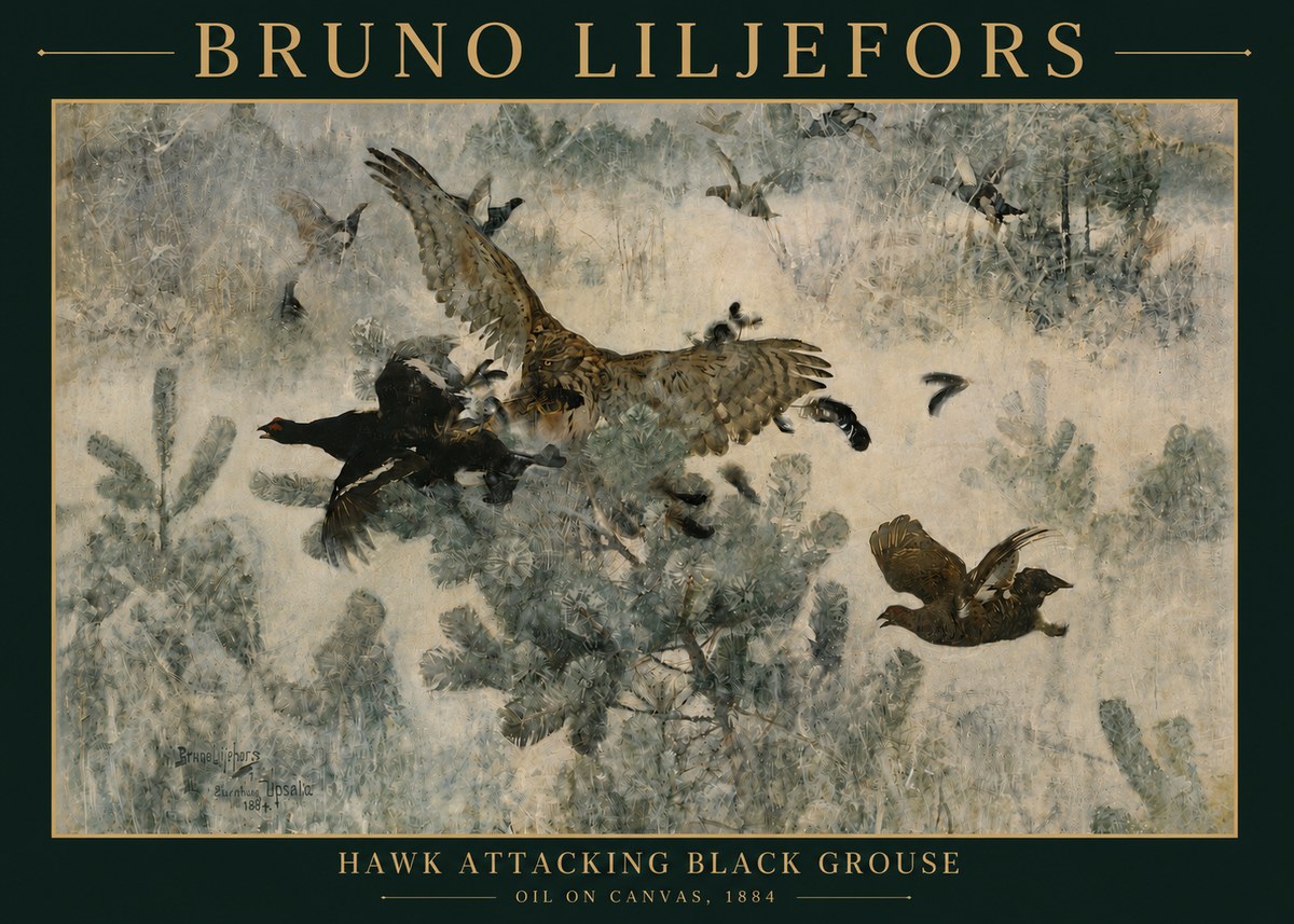Bruno Liljefors Hawk Attacking Black Grouse No4 - Affiche