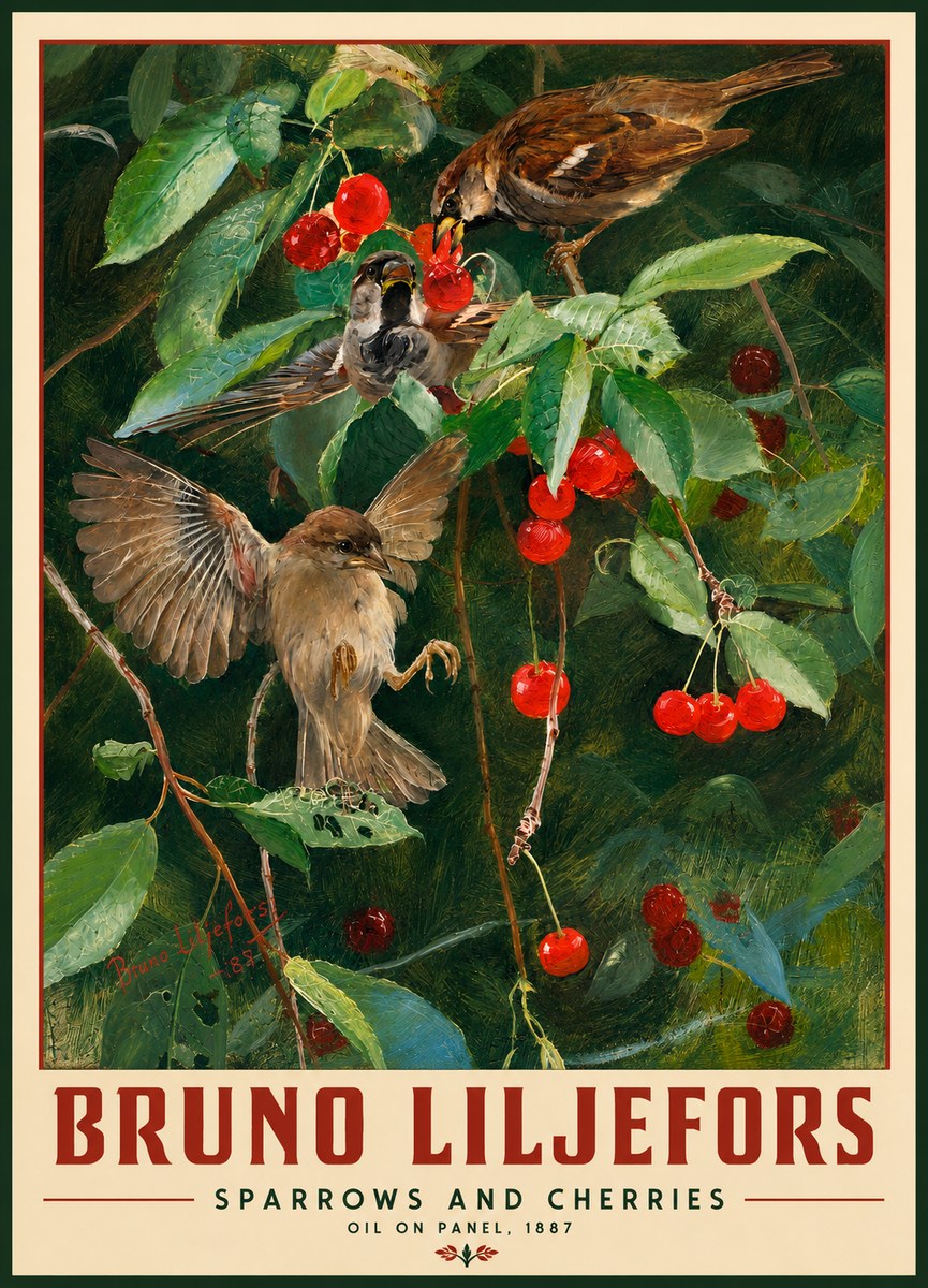Bruno Liljefors Sparrows and Cherries No2 - Affiche