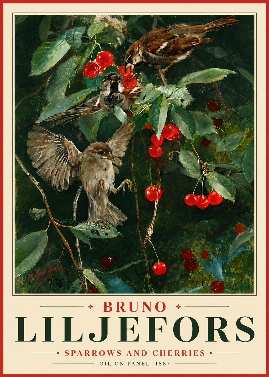 Bruno Liljefors Sparrows and Cherries No6 - Affiche