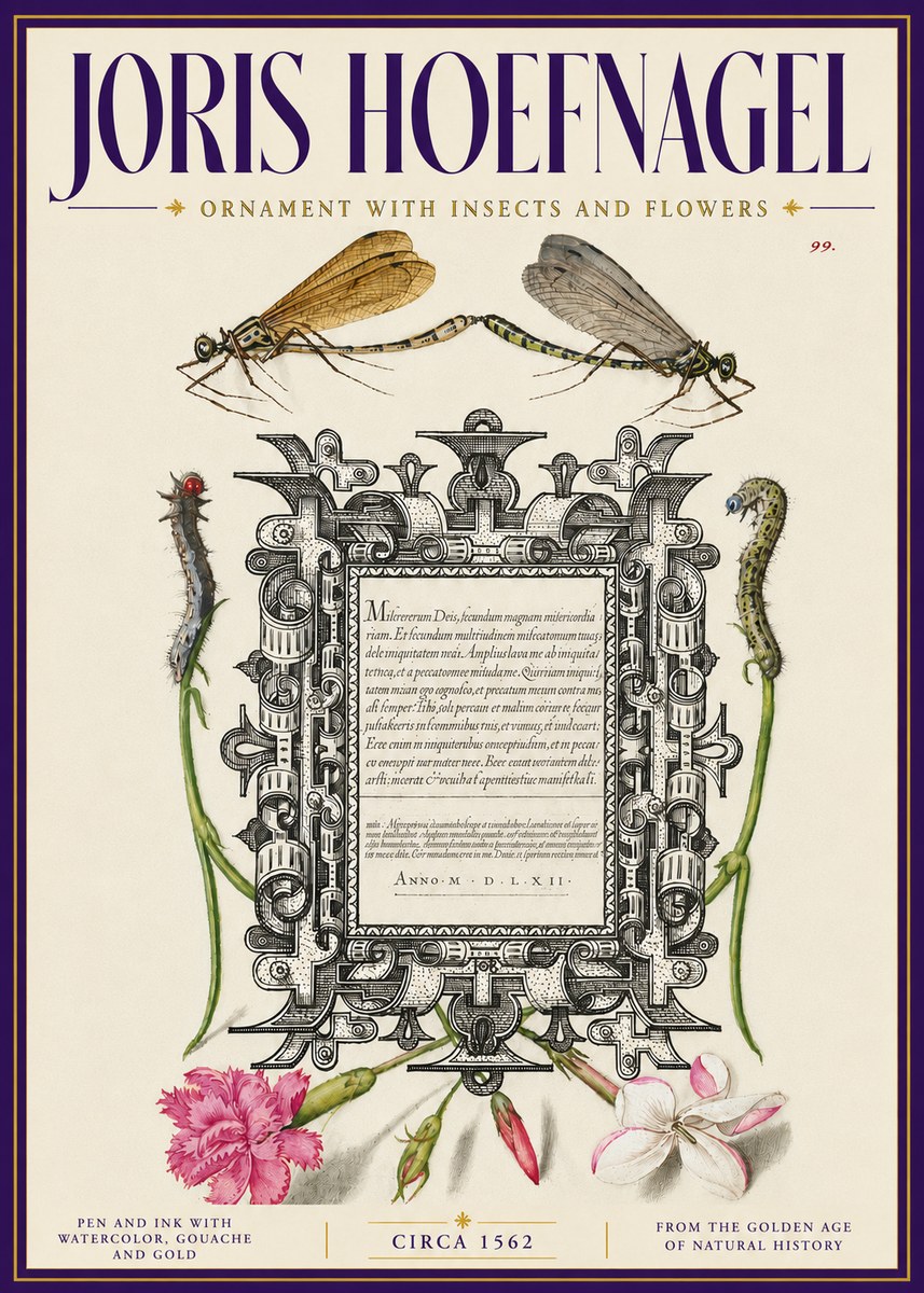 Joris Hoefnagel Ornamental Frame with Damselflies, Caterpillars and Flowers No6 - Affiche