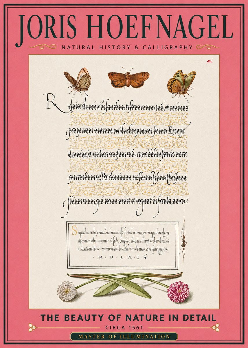 Joris Hoefnagel Butterflies, Flowers and Calligraphy Page No2 - Affiche