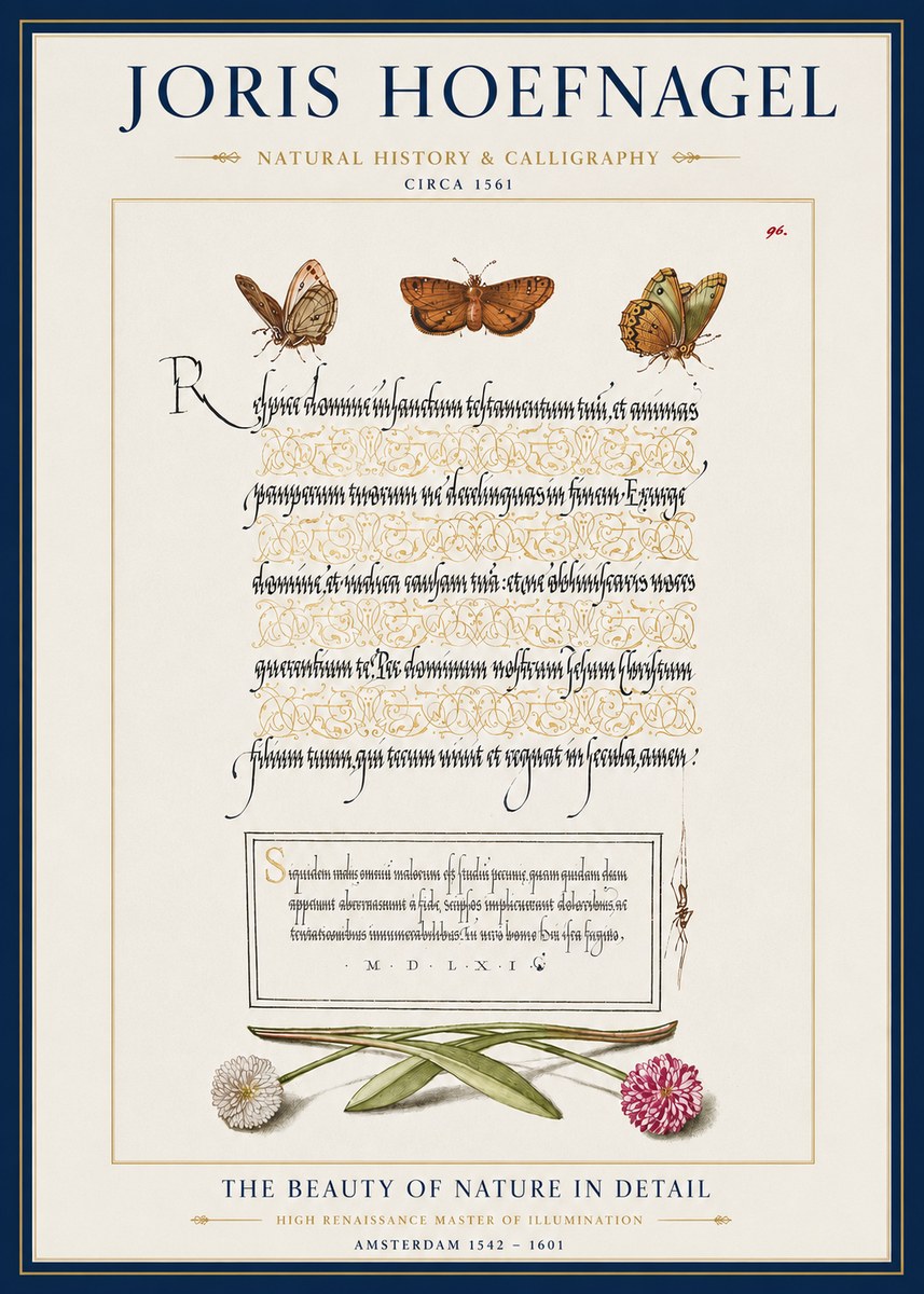 Joris Hoefnagel Butterflies, Flowers and Calligraphy Page No3 - Affiche
