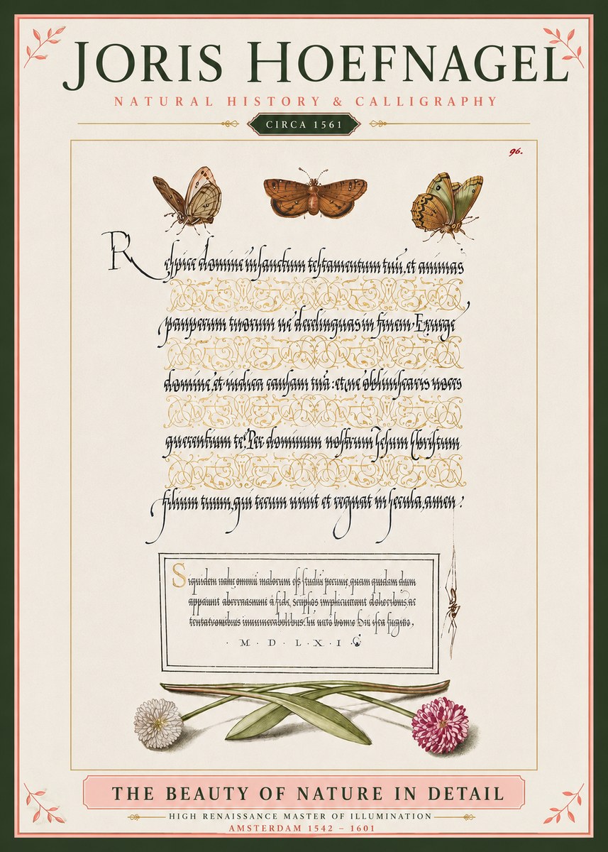 Joris Hoefnagel Butterflies, Flowers and Calligraphy Page No4 - Affiche