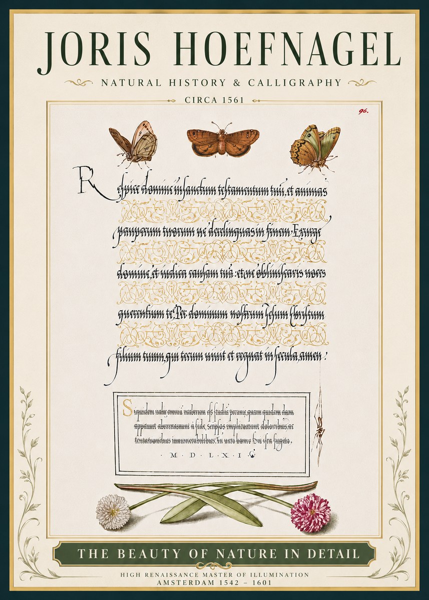Joris Hoefnagel Butterflies, Flowers and Calligraphy Page No5 - Affiche