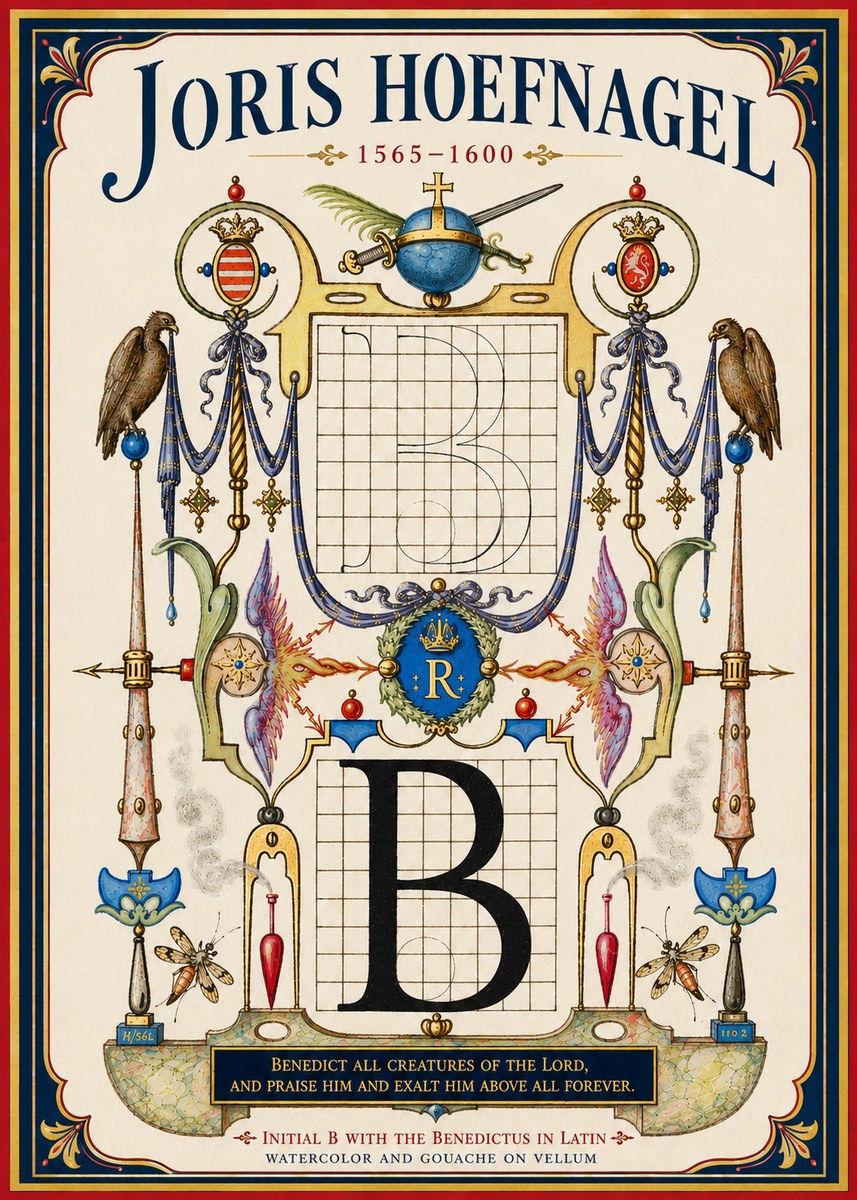 Joris Hoefnagel Initial B with the Benedictus in Latin No4 - Affiche