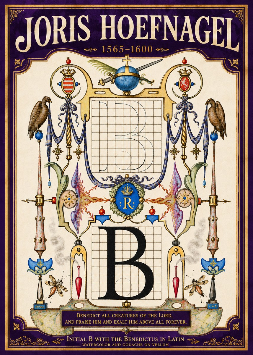 Joris Hoefnagel Initial B with the Benedictus in Latin No5 - Affiche