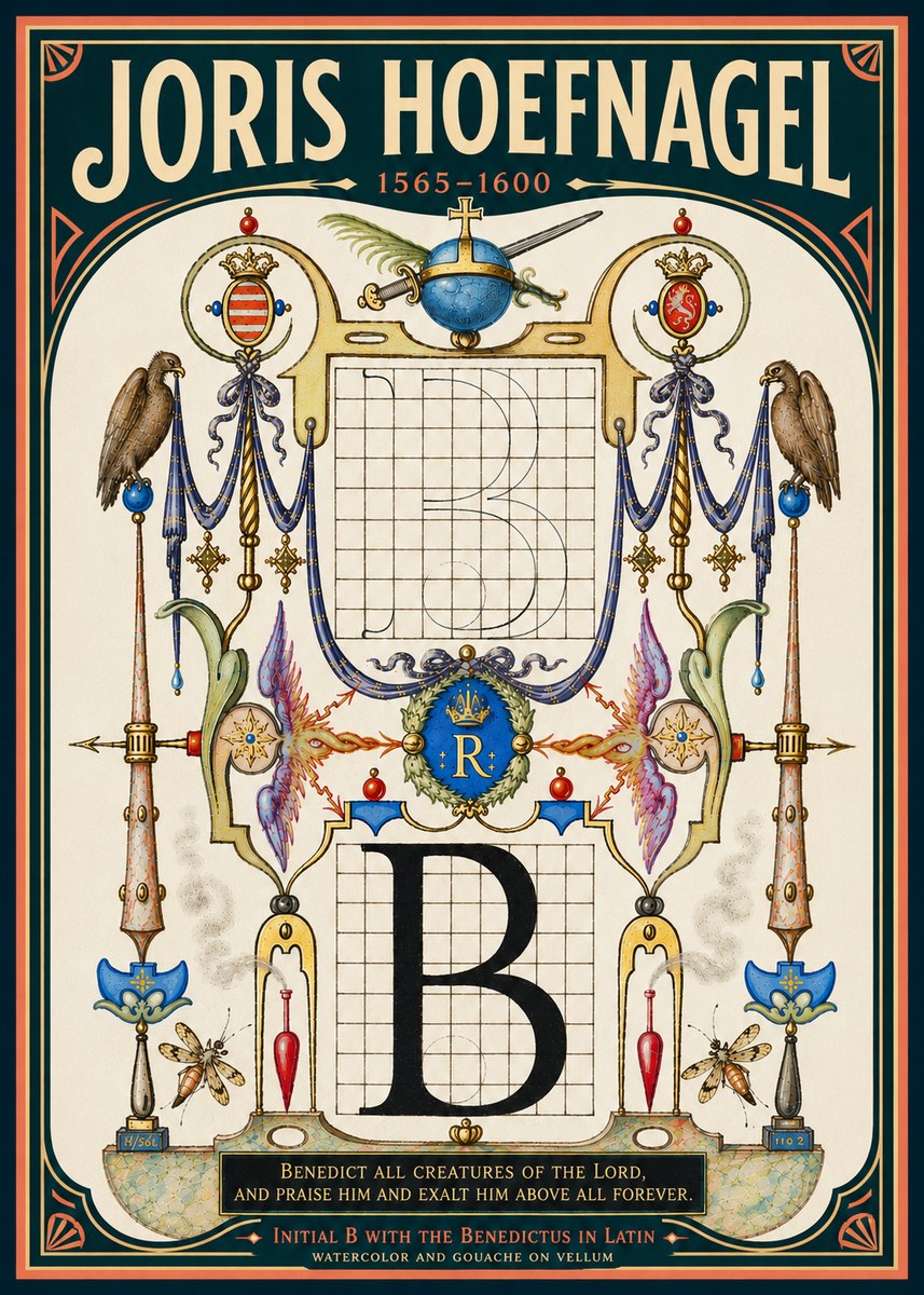 Joris Hoefnagel Initial B with the Benedictus in Latin No6 - Affiche