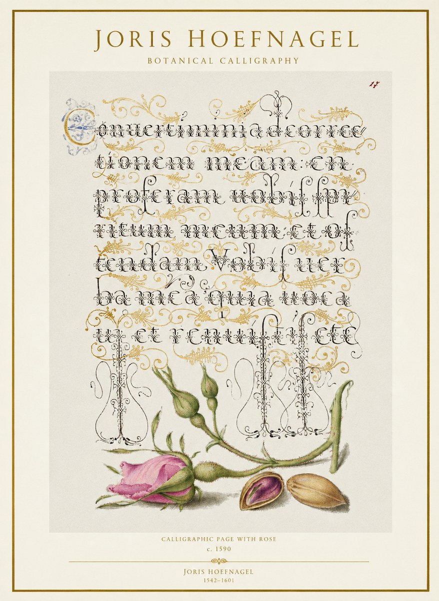 Joris Hoefnagel Calligraphic Page with Rose No1 - Affiche