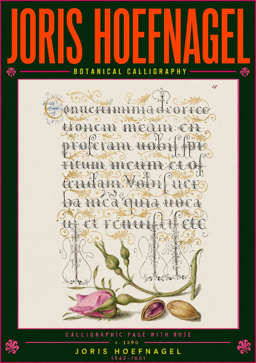 Joris Hoefnagel Calligraphic Page with Rose No5 - Affiche