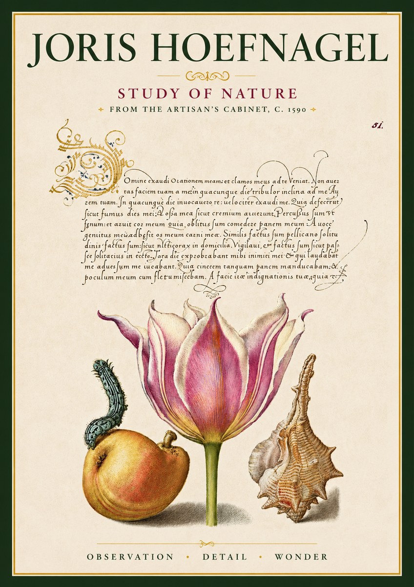 Joris Hoefnagel Tulip, Peach, Caterpillar & Seashell No6 - Affiche