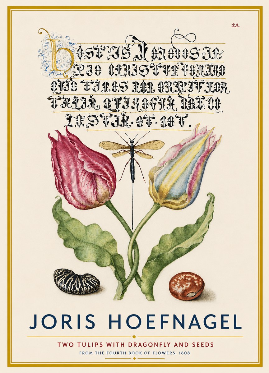 Joris Hoefnagel Two Tulips with Dragonfly and Seeds No4 - Affiche