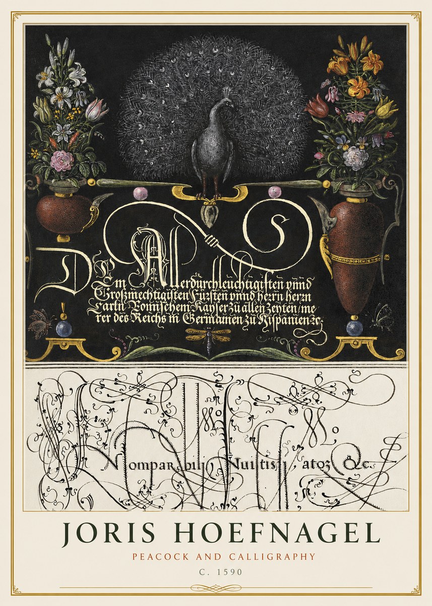 Joris Hoefnagel Peacock and Calligraphy No1 - Affiche