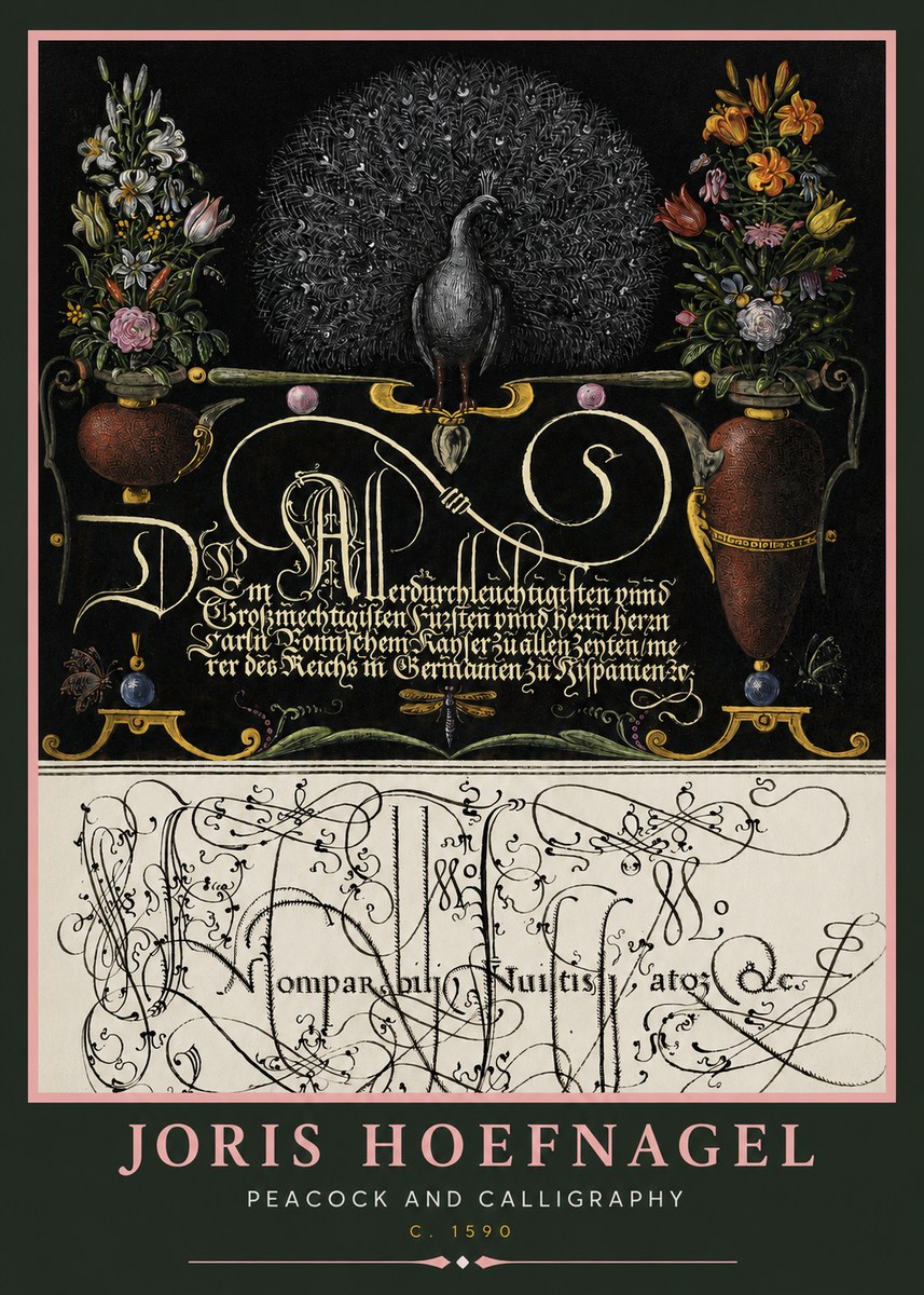 Joris Hoefnagel Peacock and Calligraphy No2 - Affiche