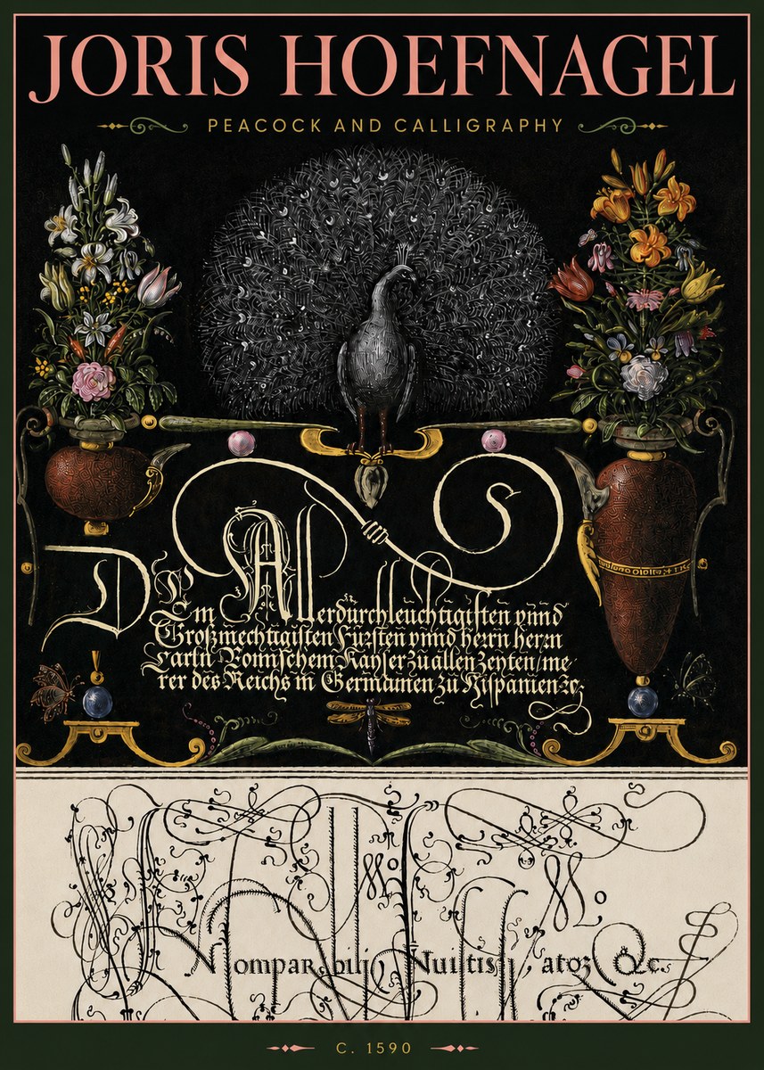 Joris Hoefnagel Peacock and Calligraphy No4 - Affiche