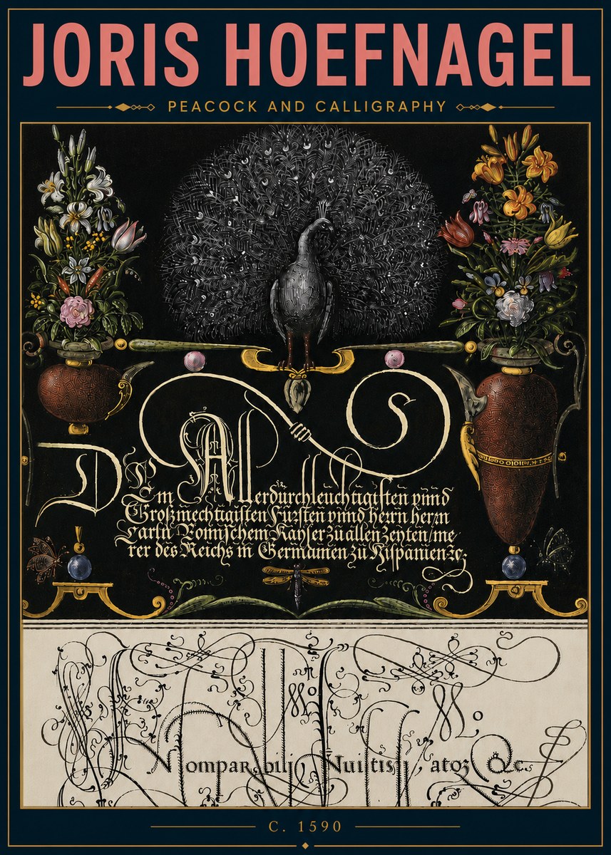 Joris Hoefnagel Peacock and Calligraphy No5 - Affiche