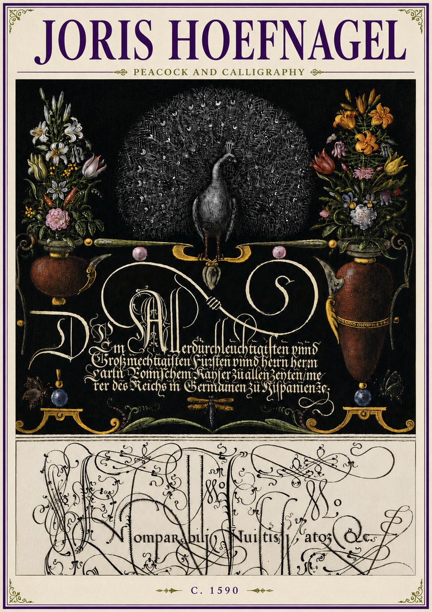 Joris Hoefnagel Peacock and Calligraphy No6 - Affiche