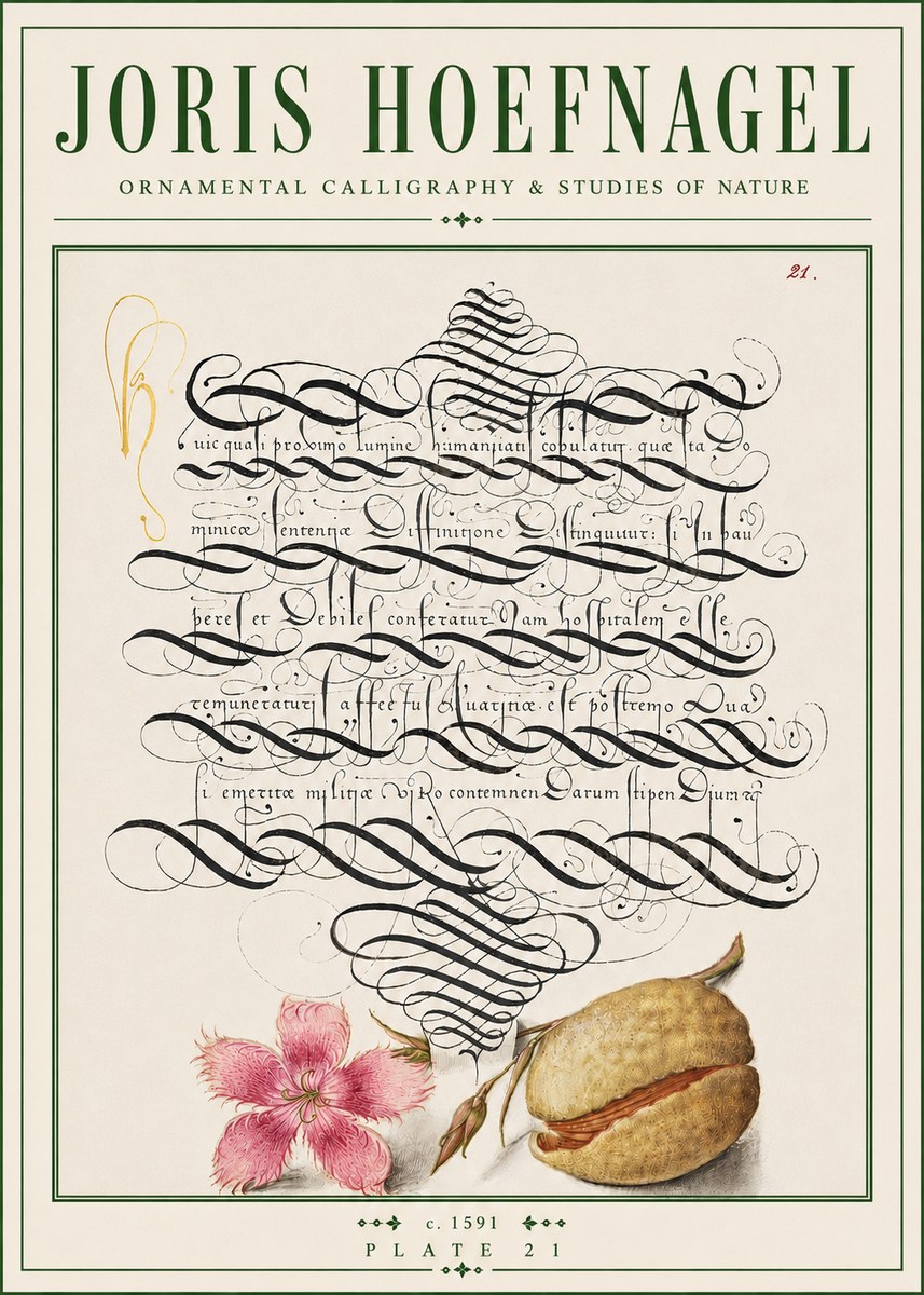 Joris Hoefnagel Ornamental Calligraphy & Studies of Nature No4 - Affiche