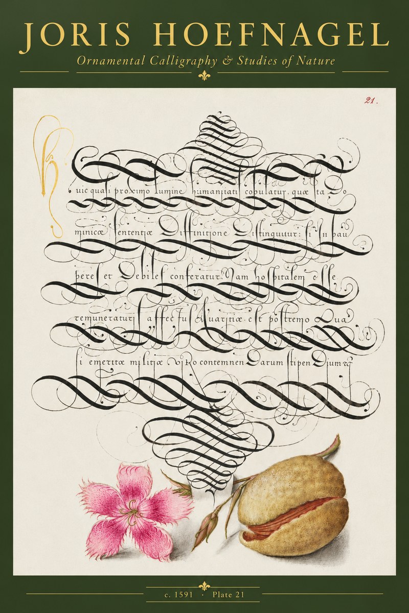 Joris Hoefnagel Ornamental Calligraphy & Studies of Nature No5 - Affiche