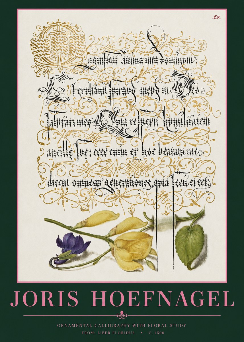 Joris Hoefnagel Ornamental Calligraphy with Floral Study No2 - Affiche