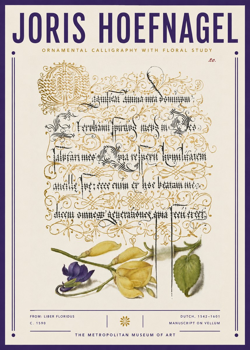 Joris Hoefnagel Ornamental Calligraphy with Floral Study No3 - Affiche