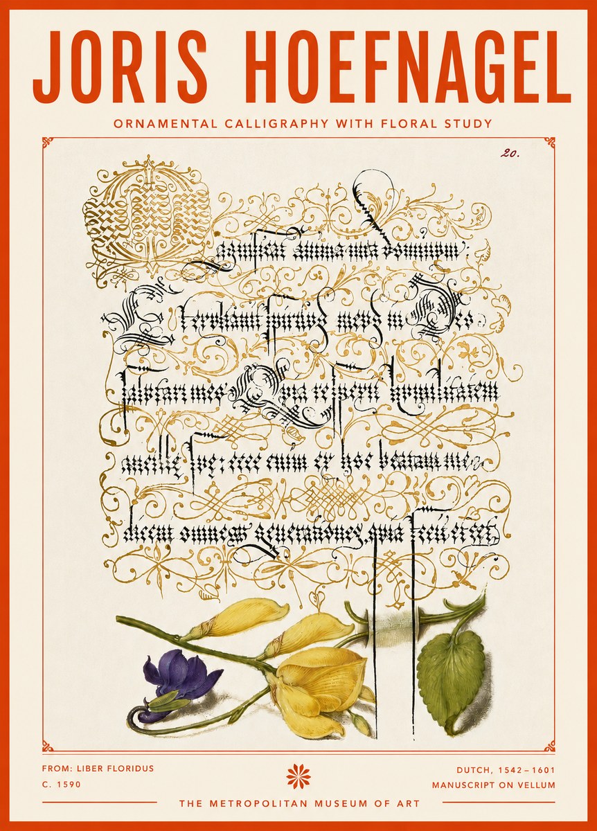 Joris Hoefnagel Ornamental Calligraphy with Floral Study No4 - Affiche