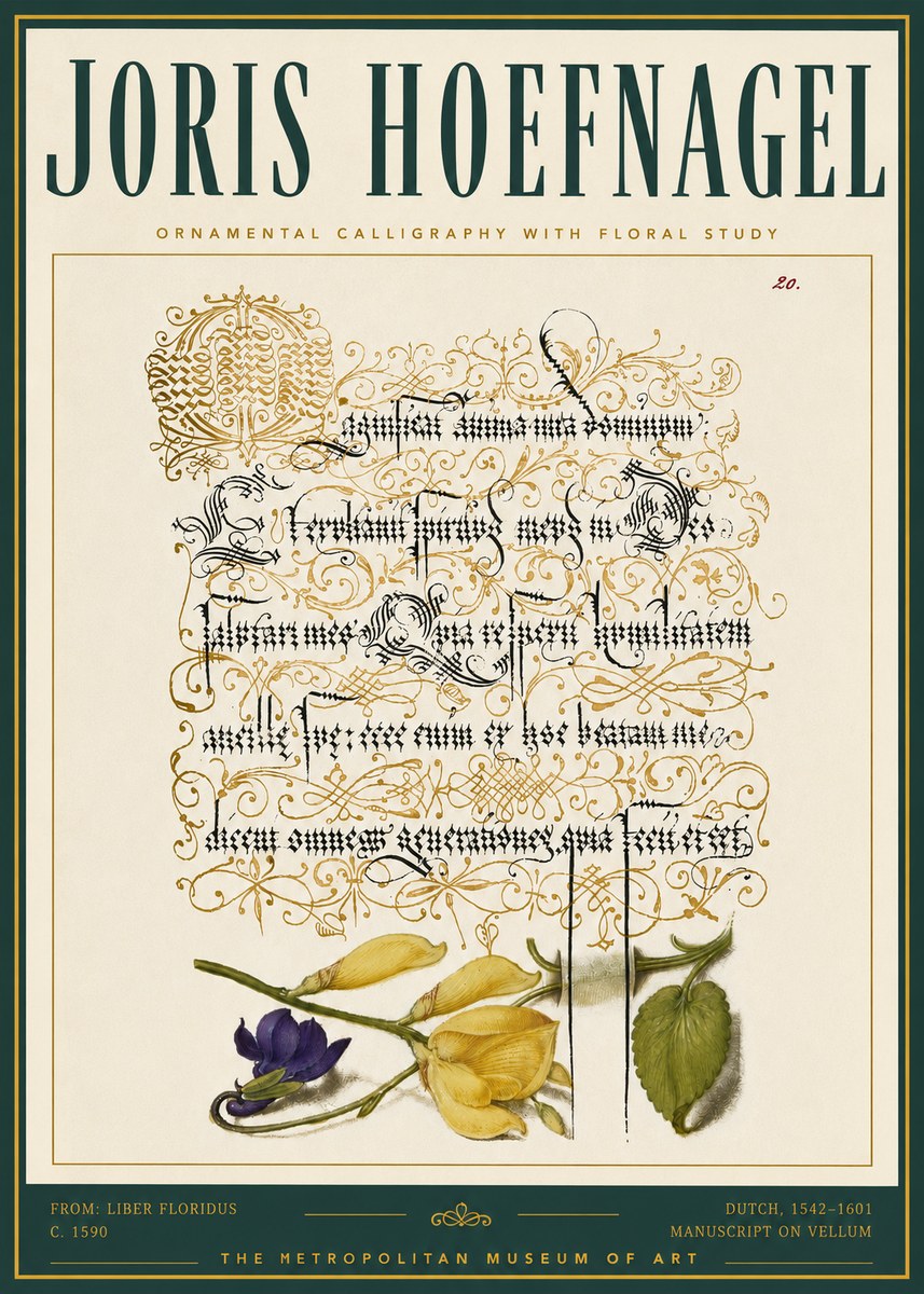 Joris Hoefnagel Ornamental Calligraphy with Floral Study No5 - Affiche