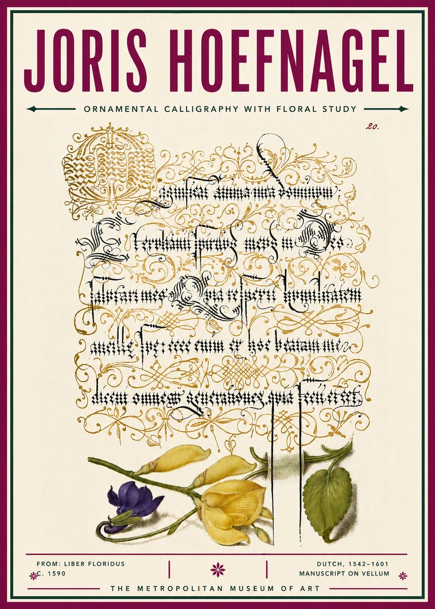 Joris Hoefnagel Ornamental Calligraphy with Floral Study No6 - Affiche