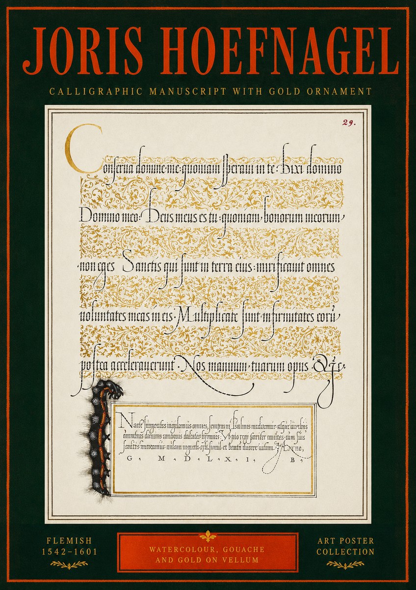 Joris Hoefnagel Calligraphic Manuscript with Gold Ornament No2 - Affiche