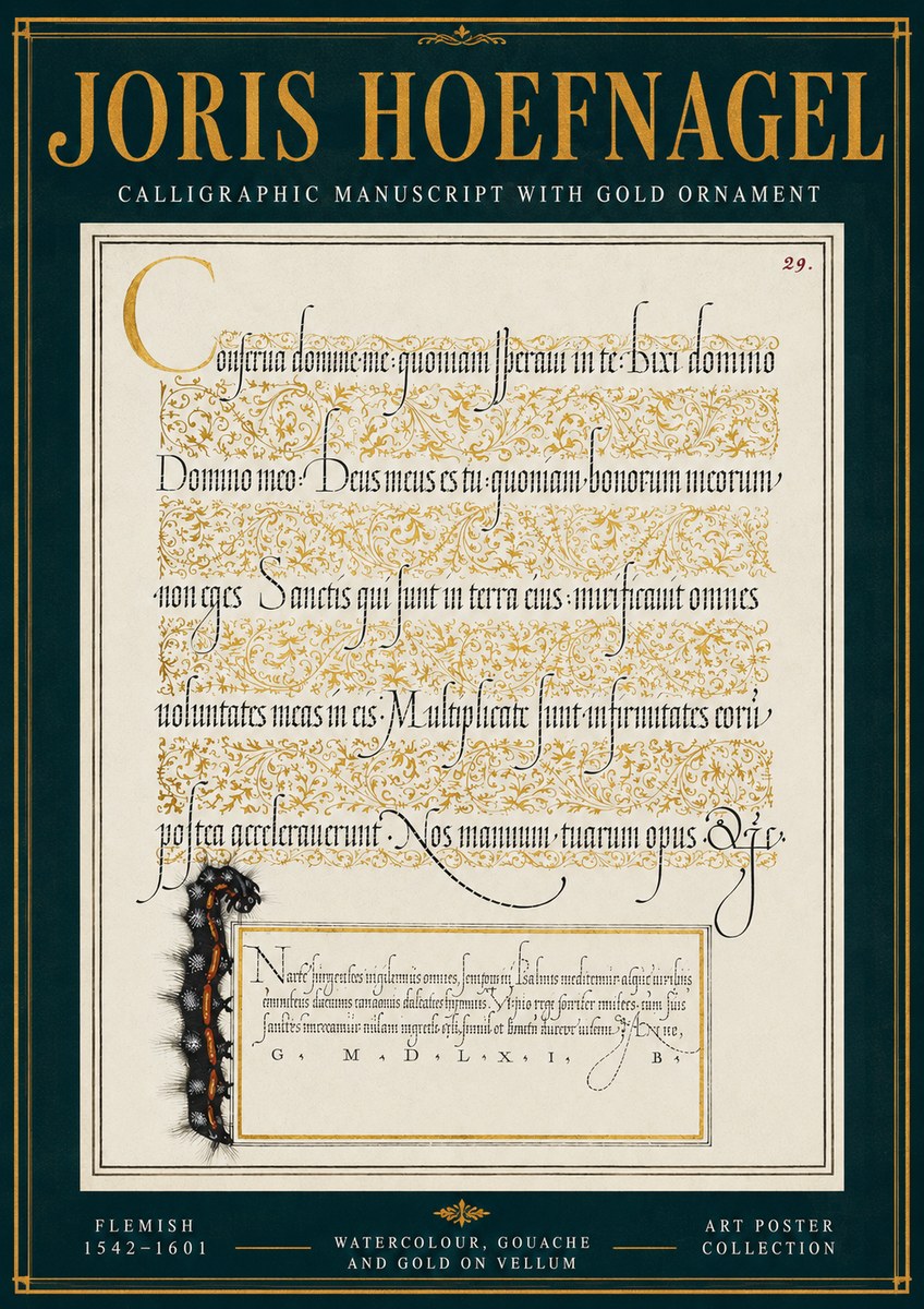 Joris Hoefnagel Calligraphic Manuscript with Gold Ornament No4 - Affiche