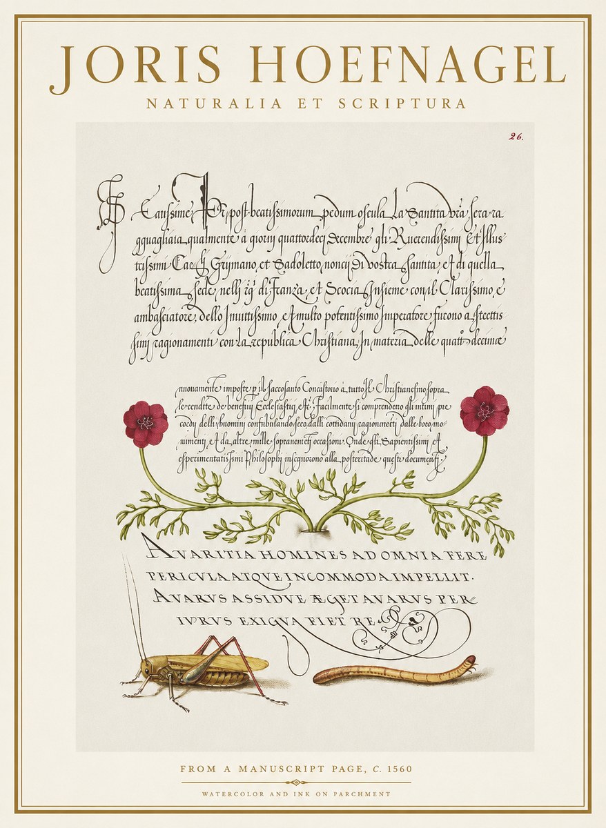 Joris Hoefnagel Illuminated Page with Flowers, Insects & Latin Script No2 - Affiche