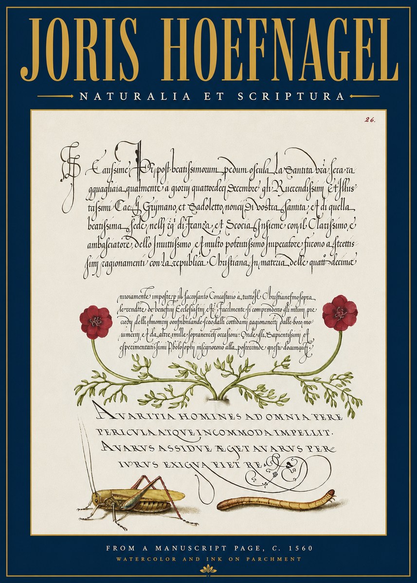 Joris Hoefnagel Illuminated Page with Flowers, Insects & Latin Script No4 - Affiche