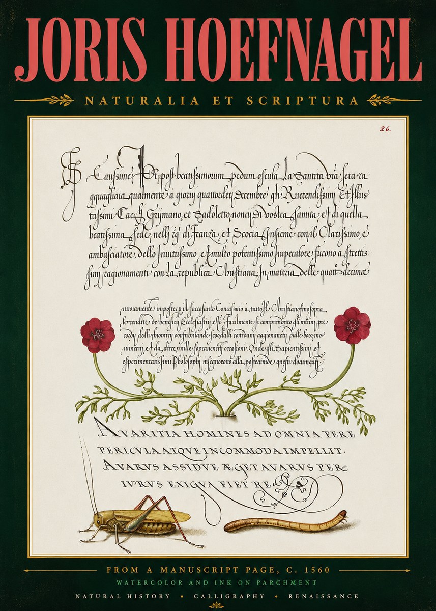 Joris Hoefnagel Illuminated Page with Flowers, Insects & Latin Script No5 - Affiche