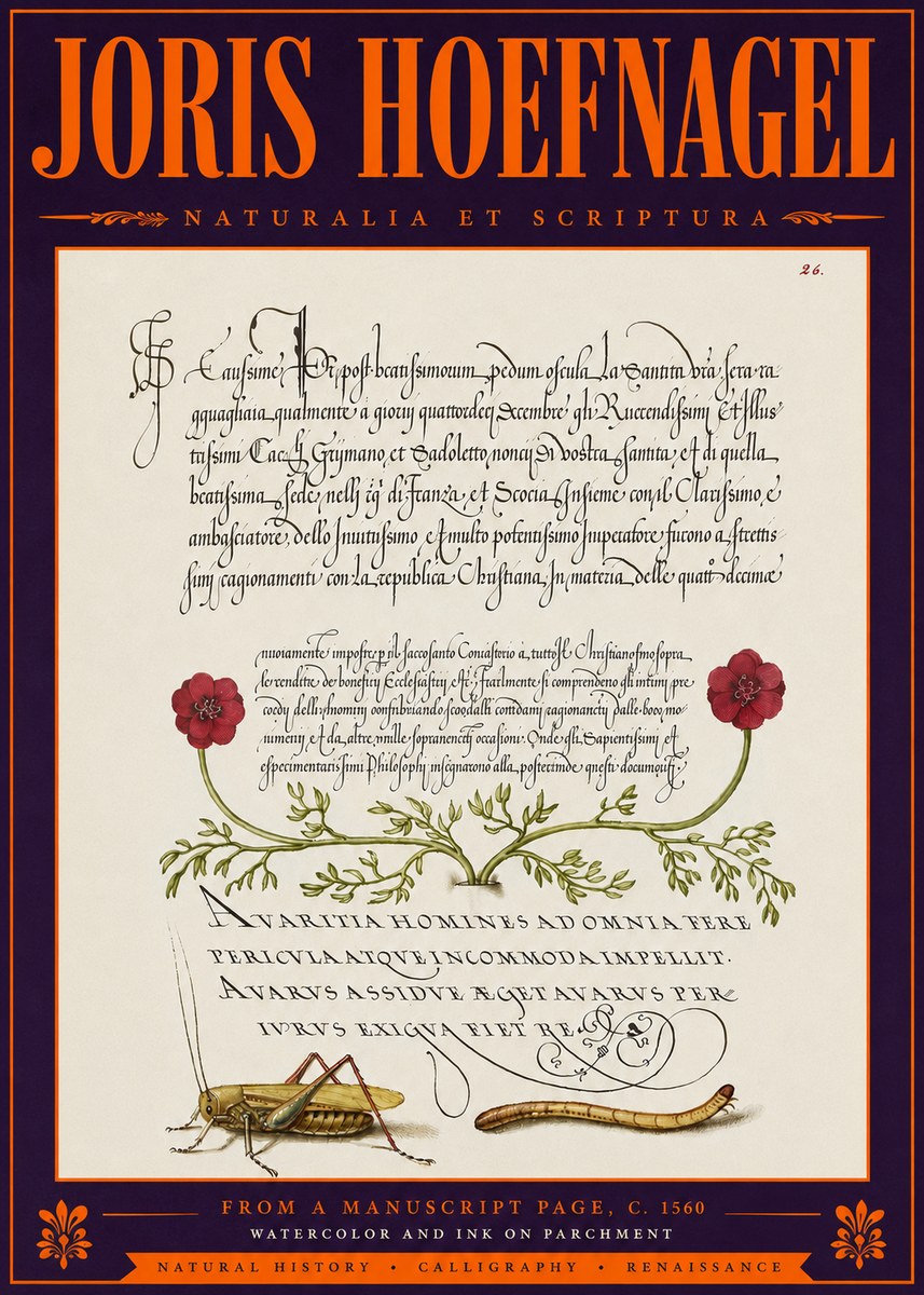 Joris Hoefnagel Illuminated Page with Flowers, Insects & Latin Script No6 - Affiche